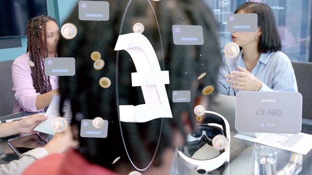 Woman with bob tapping laptop team passing docs AR pound growing rotating over team showing savings