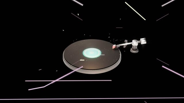 Neon lines fading in, vinyl platter rotating, tonearm shifting inward, text sliding, showing trends
