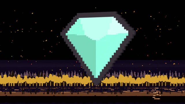 Thin shard rising from ground, teal crystal forming and enlarging to dominate night pixel-art scene