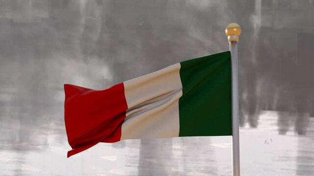 Gusts pushing vertical tricolor flag rippling and folding toward pole, showing color contrast