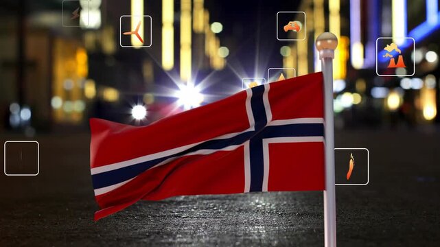 Norwegian flag fluttering from gusts, orange HUD icons popping and numbers updating showing metrics