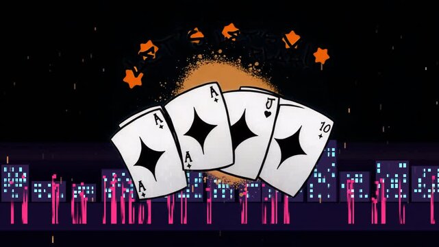 Magenta bars pulsing, card fan rocking, compacting then fanning outward revealing card combos