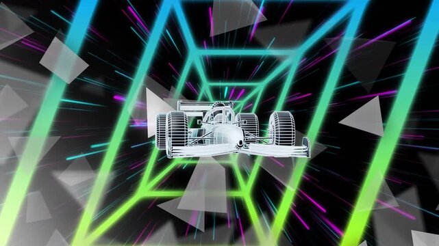 Starting as neon frames receding, wireframe car advancing, scaling, rotating, showing speed