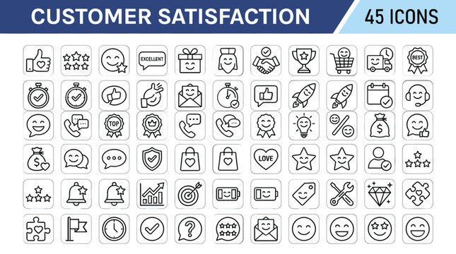 Customer satisfaction line icons, 45 business feedback and service quality symbols, thin outline client experience vector set for web and apps