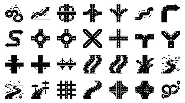 Road Intersection Icons Set: Crossroads, T-junctions, Roundabouts, Highway