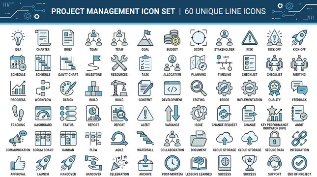 Project management icon set, 60 unique line icons for business workflow, agile software development and corporate planning vector collection