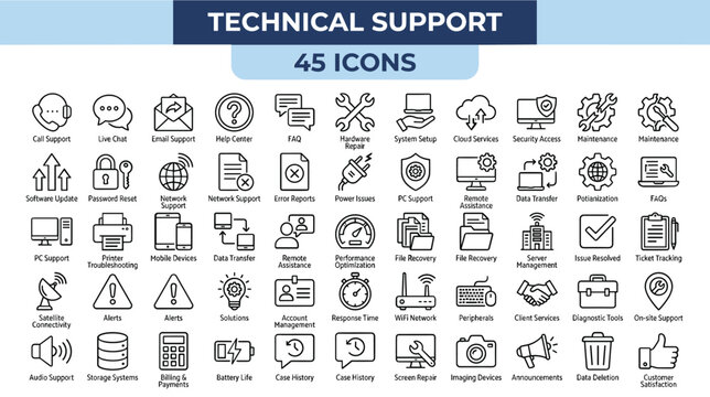 Technical support line icons set, 45 customer service and IT help desk vector symbols, computer repair and network maintenance graphics for web design
