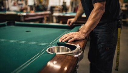 Obraz premium Shot of worker assessing freshly installed table felts cup holders and stitching details while the rest of the workshop fades softly.