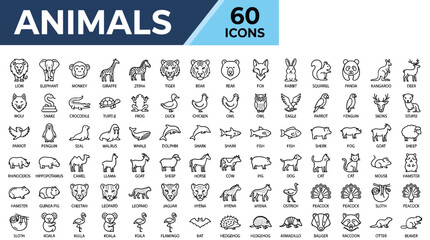 Minimalist animal line icons set, 60 wildlife and pet vector symbols, modern thin stroke animal head and body graphics for web and app design © DesignAura