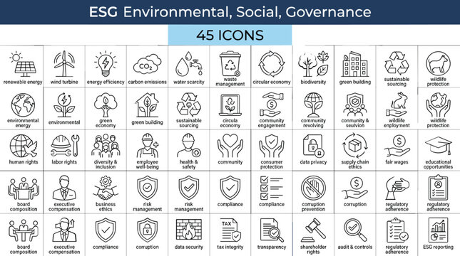 ESG Environmental Social Governance icon set, 45 linear icons for corporate sustainability, green business and ethical compliance vector elements