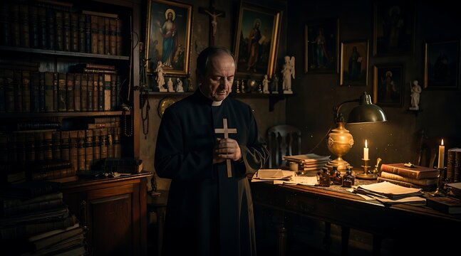 A contemplative priest holding a wooden crucifix in a dark study filled with books.