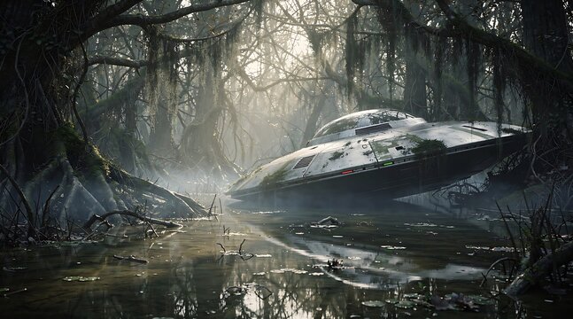 A crashed futuristic spacecraft resting in a mysterious foggy swamp forest.