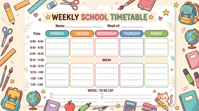 A cute pastel-colored weekly school schedule template decorated with adorable hand-drawn icons of stationery, backpacks, calculators, and a kawaii cartoon cat holding a pencil.