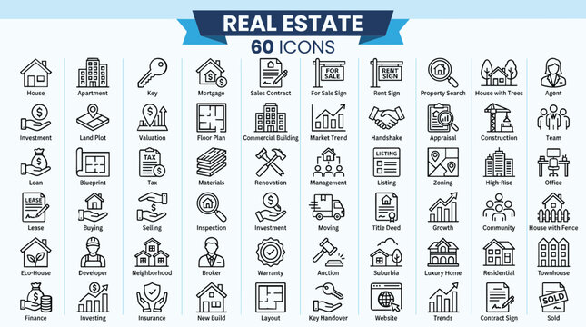 Real estate line icons set, 60 property and mortgage vector symbols, professional housing and construction industry graphic elements for web design