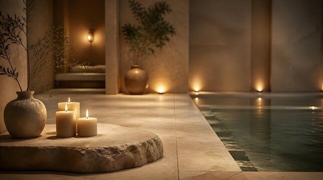 Luxury indoor spa pool with burning candles and warm ambient lighting.