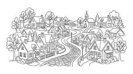 Obraz premium Charming Village Scene: Hand-Drawn Houses, Winding Roads, and Trees
