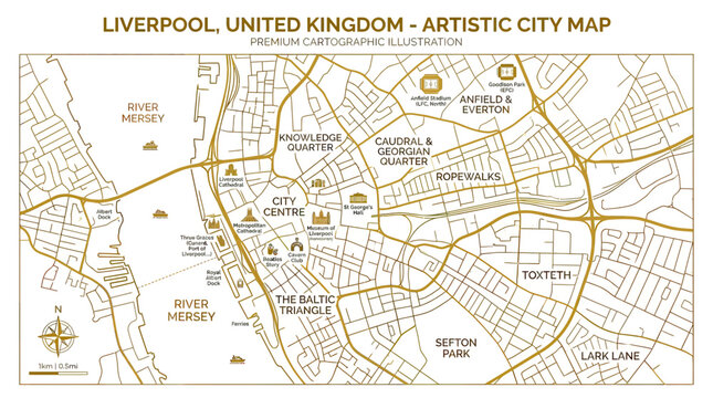 Artistic Liverpool City Map Illustration - Premium Cartographic Design