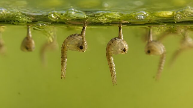 Mosquito larvae and pupae hanging from the water surface.