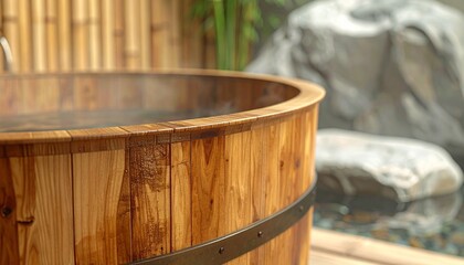 Naklejka premium Relaxing in a traditional wooden tub at a Japanese onsen hot spring with atmospheric steam rising in a peaceful nature setting