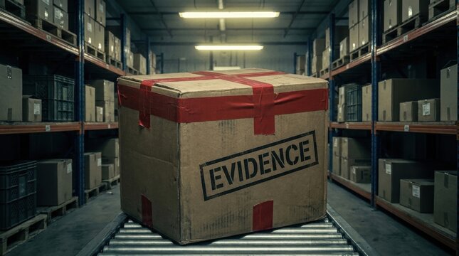Large evidence box on warehouse conveyor belt with red tape