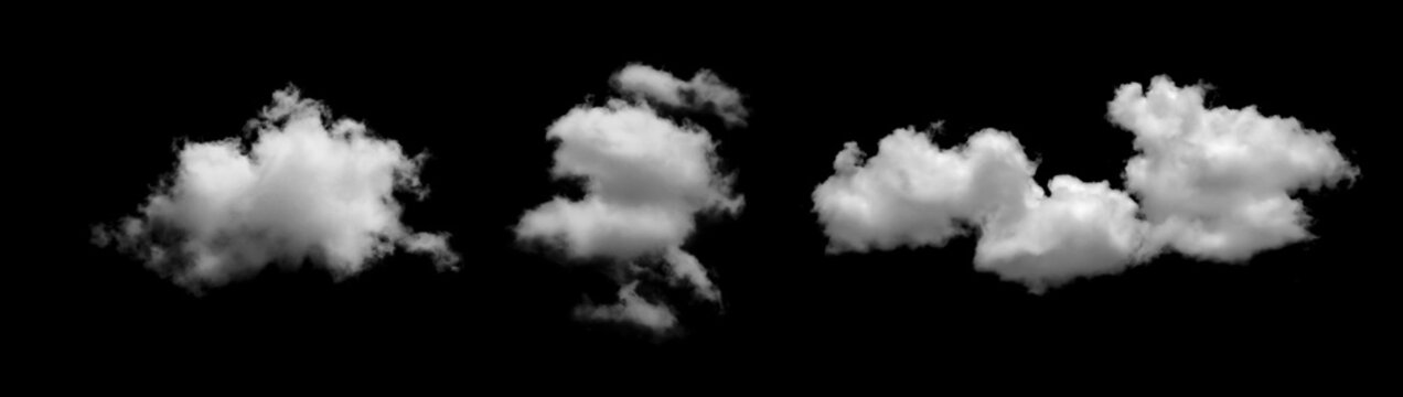 White cloud collection isolated on black background with realistic soft edges, fluffy texture and atmospheric detail. Ideal for sky overlays, weather design, digital compositing, matte painting.
