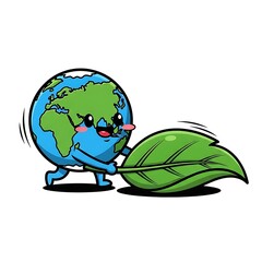 Fototapeta premium Cartoon Earth Hugging a Green Leaf.