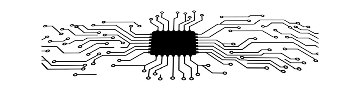 Black silhouette of a central computer chip processor with electrical circuit lines spreading out on both sides for digital technology concepts isolated on transparent background, Vector