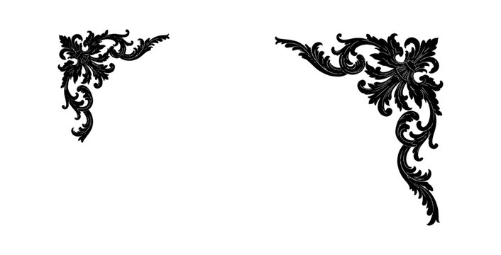 Black vintage floral corner frames with intricate decorative swirls and classic ornate leaf patterns for elegant page borders and graphic design projects isolated on transparent background, Vector