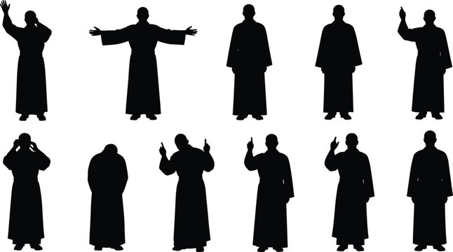Collection of religious priest and pastor silhouettes wearing robes performing various spiritual gestures like praying preaching and blessing for vector design.