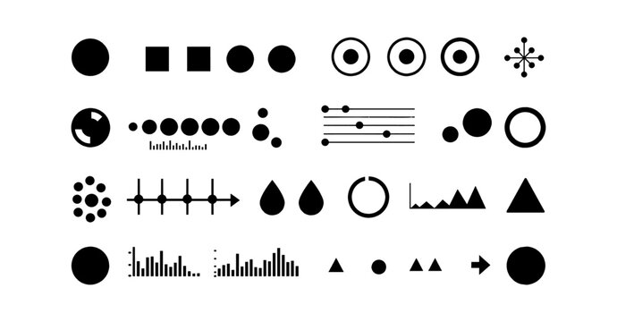 Set of black geometric shapes and abstract symbols for graphic design and user interface elements isolated on transparent background, Vector