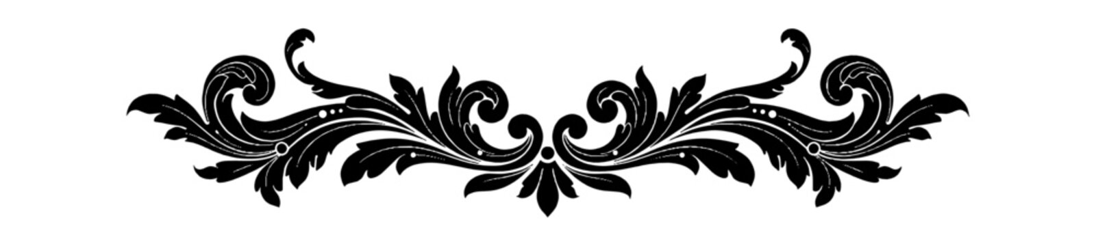Black vintage floral scroll border divider with elegant ornate swirls and symmetrical leaves isolated on transparent background, Vector