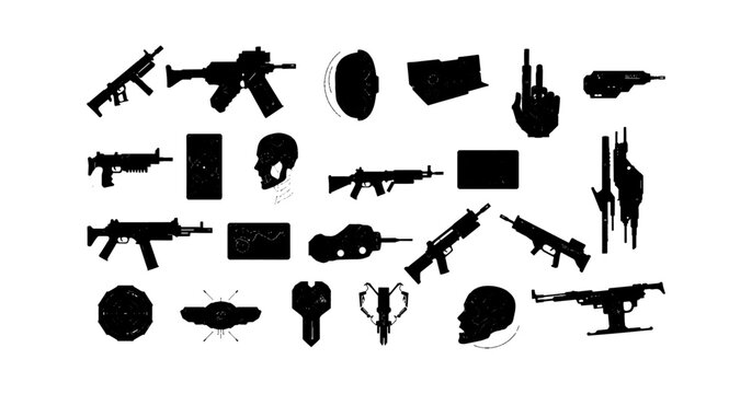 Set of black silhouettes of military weapons and tactical equipment icons isolated on transparent background, Vector