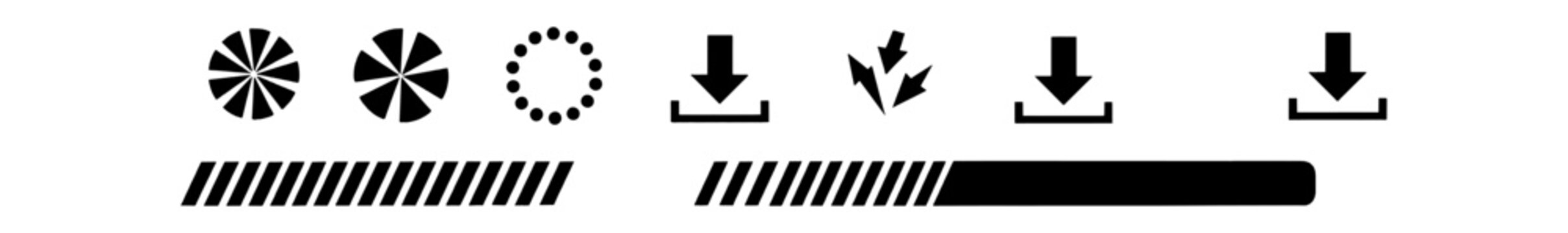 Set of black web download icons and progress loading bars for user interface design isolated on transparent background, Vector