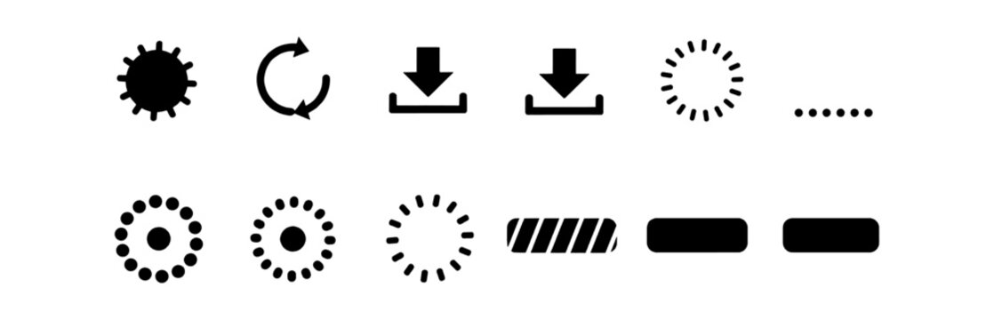 Set of black user interface icons for web and mobile app development including loading spinners download arrows and progress bar elements isolated on transparent background, Vector