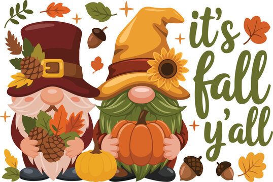 Cute Fall Gnomes Illustration with Leaves and Pumpkins