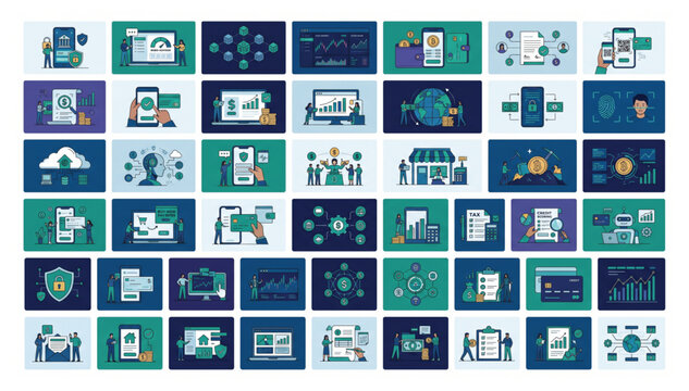 Comprehensive collection of flat vector illustrations for financial and business digital solutions with business solution investment accounting analysis illustration management strategy