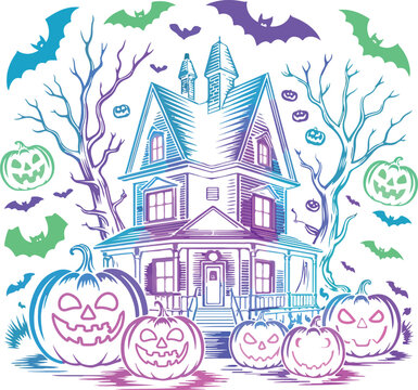  Neon Haunted House Halloween Illustration with Pumpkins and Bats
