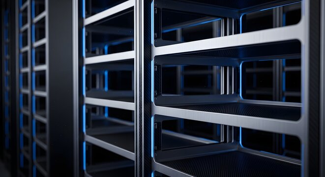 Empty server rack cabinets with blue lighting
