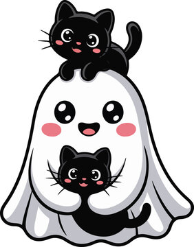  Kawaii Ghost with Two Black Cats Halloween Clipart
