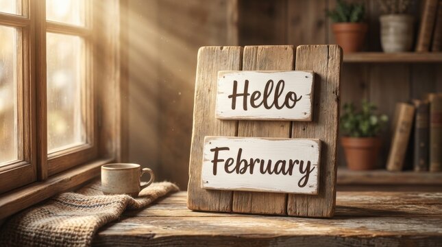 Rustic wooden sign says hello february on a table by a window with a cup