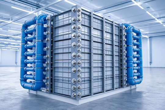 Large Industrial PEM Electrolyzer Unit with Blue Insulated Pipes and Stainless Steel Bolts Inside Clean Hydrogen Production Facility