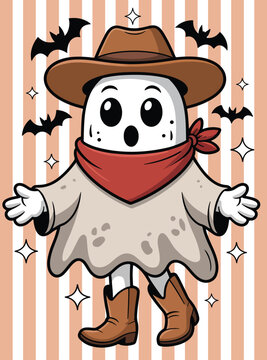  Western Ghost Halloween Illustration with Bats and Stripes
