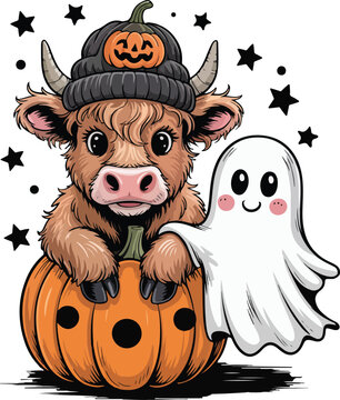 Cute Highland Cow Halloween PNG with Pumpkin and Ghost
