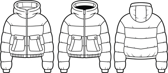 Flat vector puffer jacket fashion technical sketch front back padded sections © MstBegum