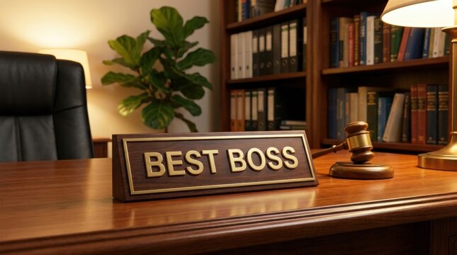 Best boss desk sign with gavel on wooden table in office