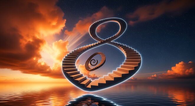 A surreal 3d of a glowing staircase shaped like the number eight floating above a calm ocean at sunset with orange clouds in sky