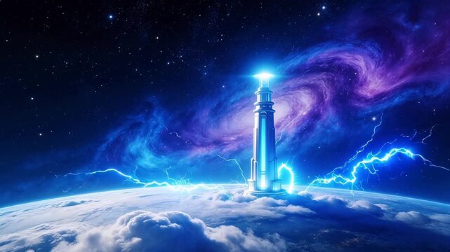 Futuristic tower in space with lightning