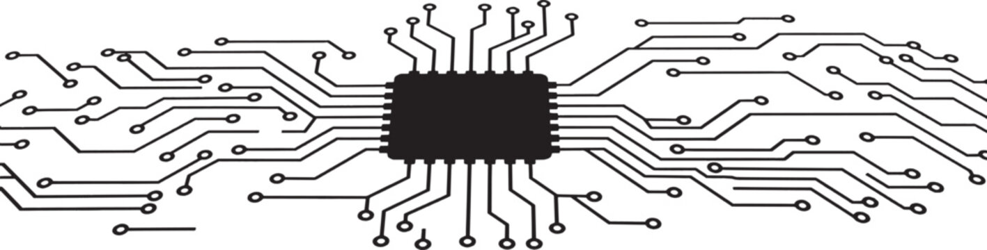 Black silhouette of a central computer chip processor with electrical circuit lines spreading out on both sides for digital technology concepts isolated on transparent background, Vector
