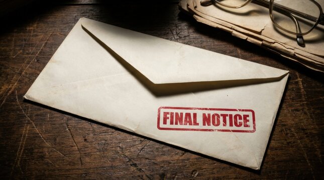 A final notice letter on an old envelope with a red stamp