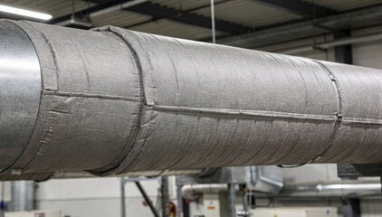 Naklejka premium Medium shot displaying stitched thermal insulation wraps enfolding ductwork highlighting durable seams and fireresistant fabric for enhanced safety.